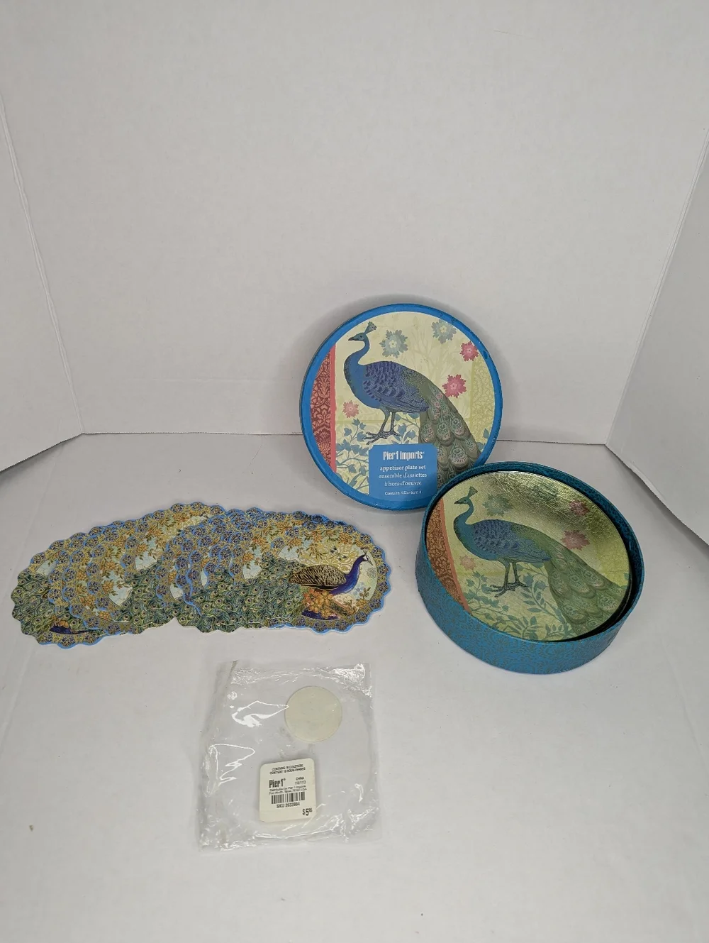 Pier 1 Peacock 4 Foil Glass App Plates Set And 15 Pc Die Cut Coasters Set Bundle